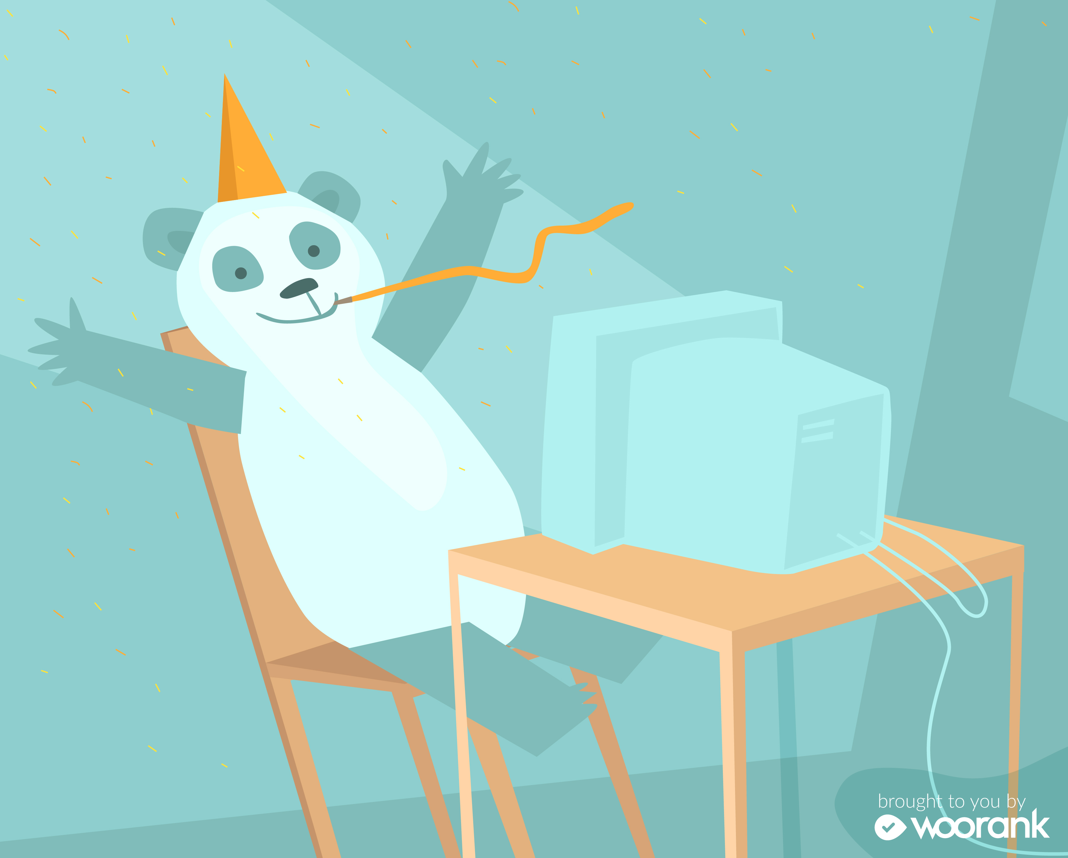Celebrating panda in orange party hat sitting at computer