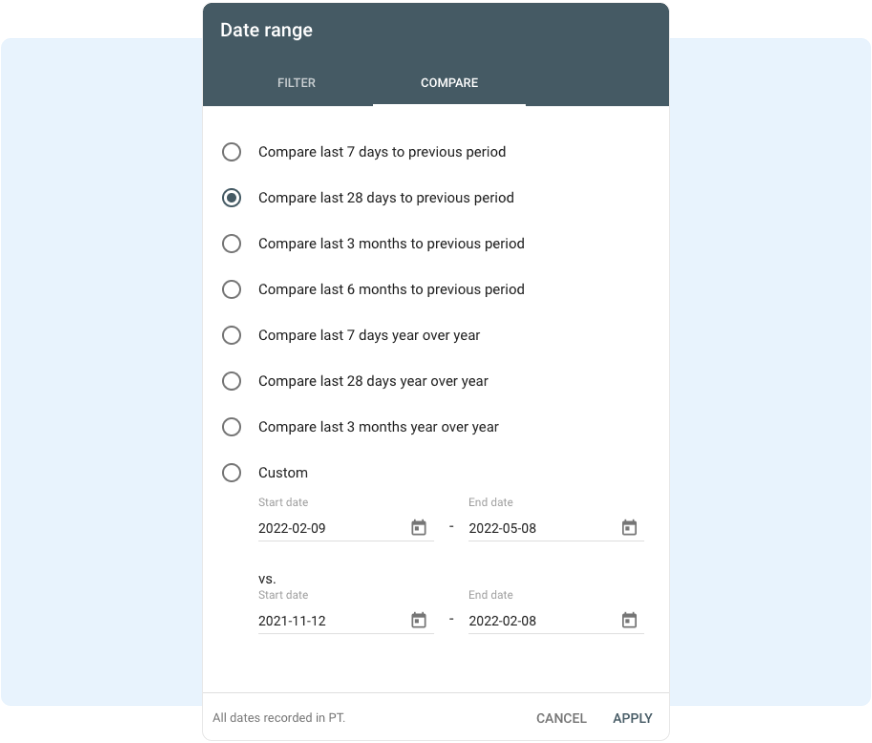 Google Search Console Data Range Selection
