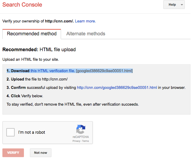 Verifying Google Search Console account via HTML file