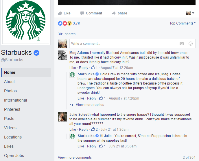 Starbuck's Facebook post