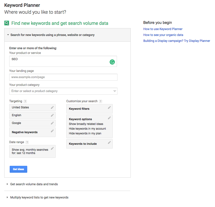 search volume & competitiveness on Keyword Planner