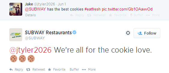 Example Twitter Conversation With The Use Of Emoticons By @Subway
