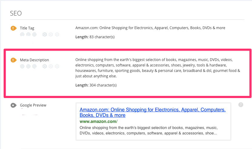 Website review showing meta description