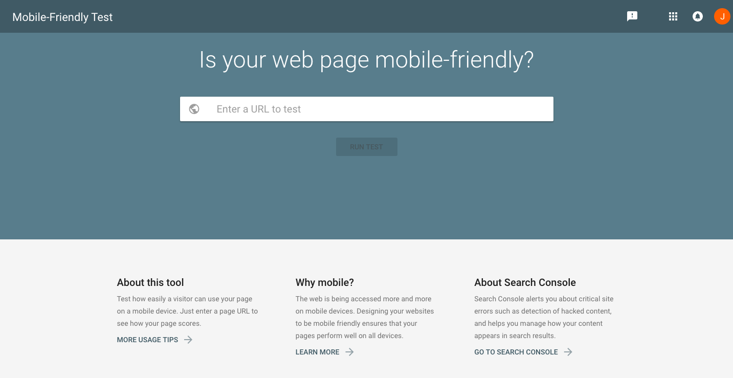 Google Mobile Friendliness Test page