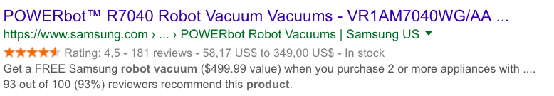 Product structured data in rich snippet