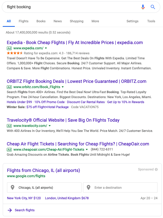 Google Flights results SERP feature