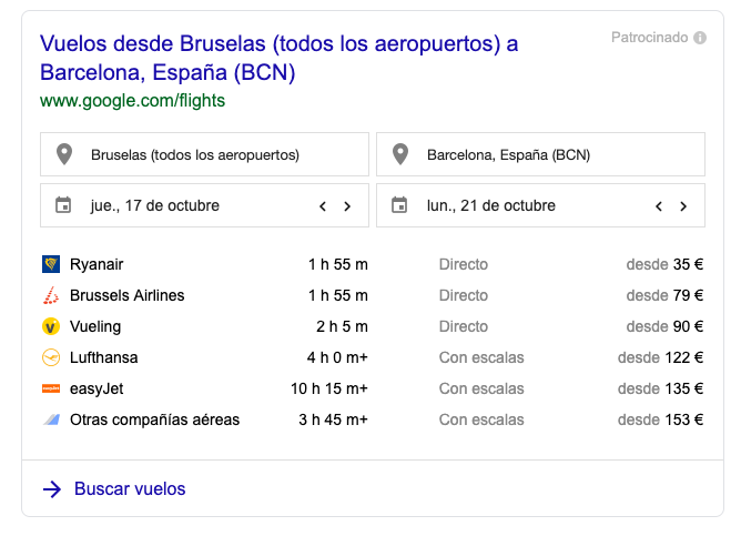 Google Flights results SERP feature