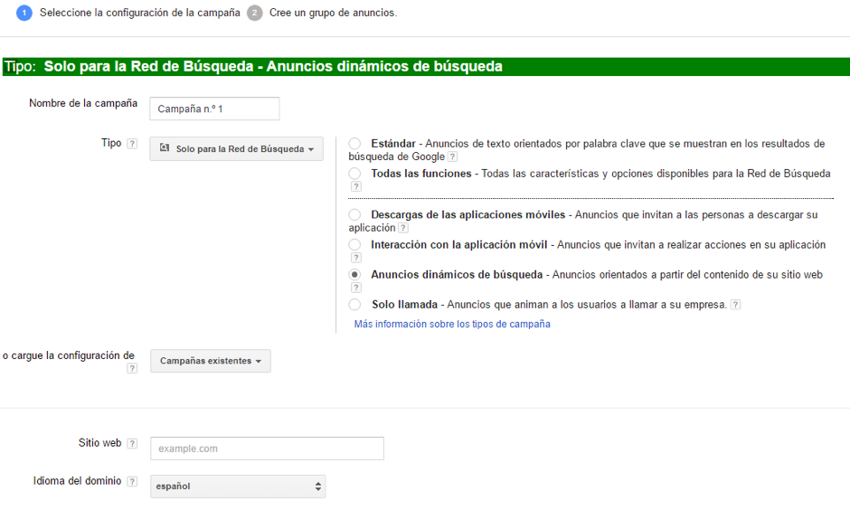 características principales de la campaña solo para red de búsqueda