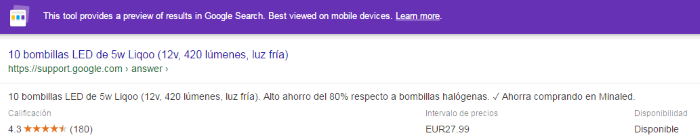 Datos estructurados rastreados por Google en una página de producto