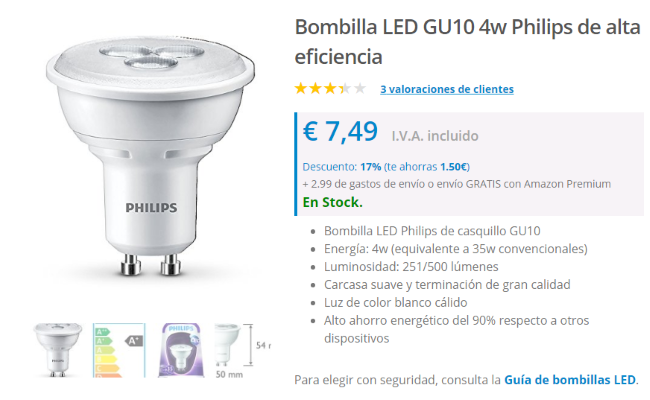 Descripción de las caracterí­sticas de una bombilla LED en un sitio de eCommerce