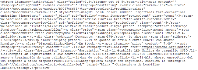 Código HTML de un producto codificado en una página web