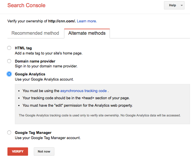 Verifying Google Search Console account via Google Analytics
