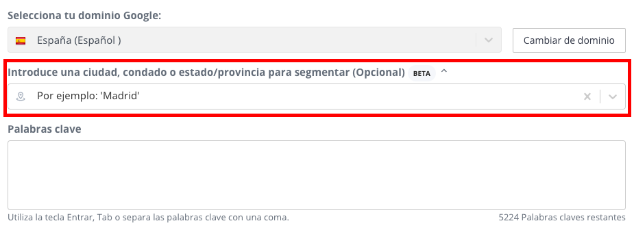 Añadir locación en Keyword Tool