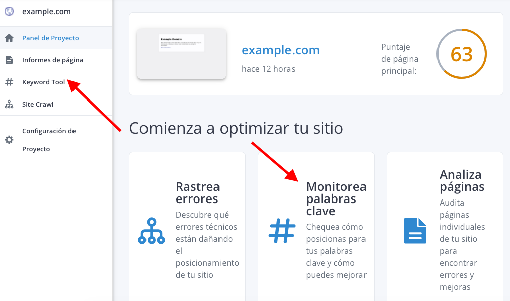 Acceso a Keyword Tool desde un Proyecto