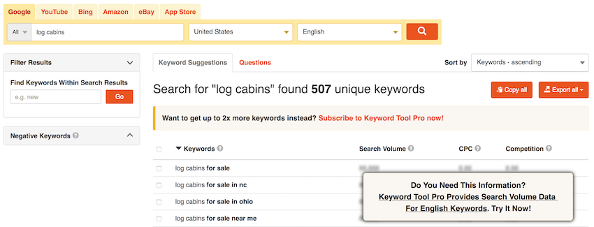 Captura de pantalla de Keywordtool.io