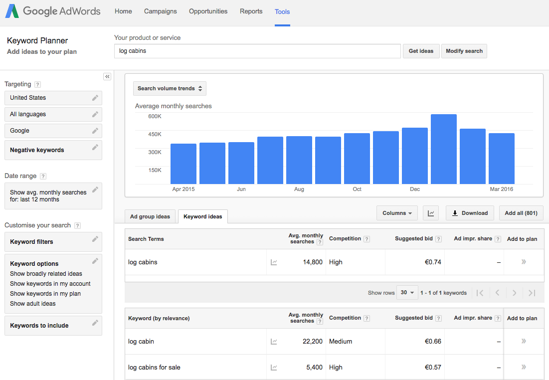 Captura de pantalla del keyword planner