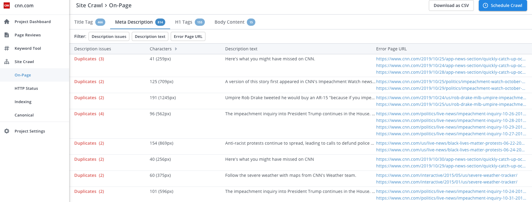 Resultados de rastreo de sitios de WooRank para CNN