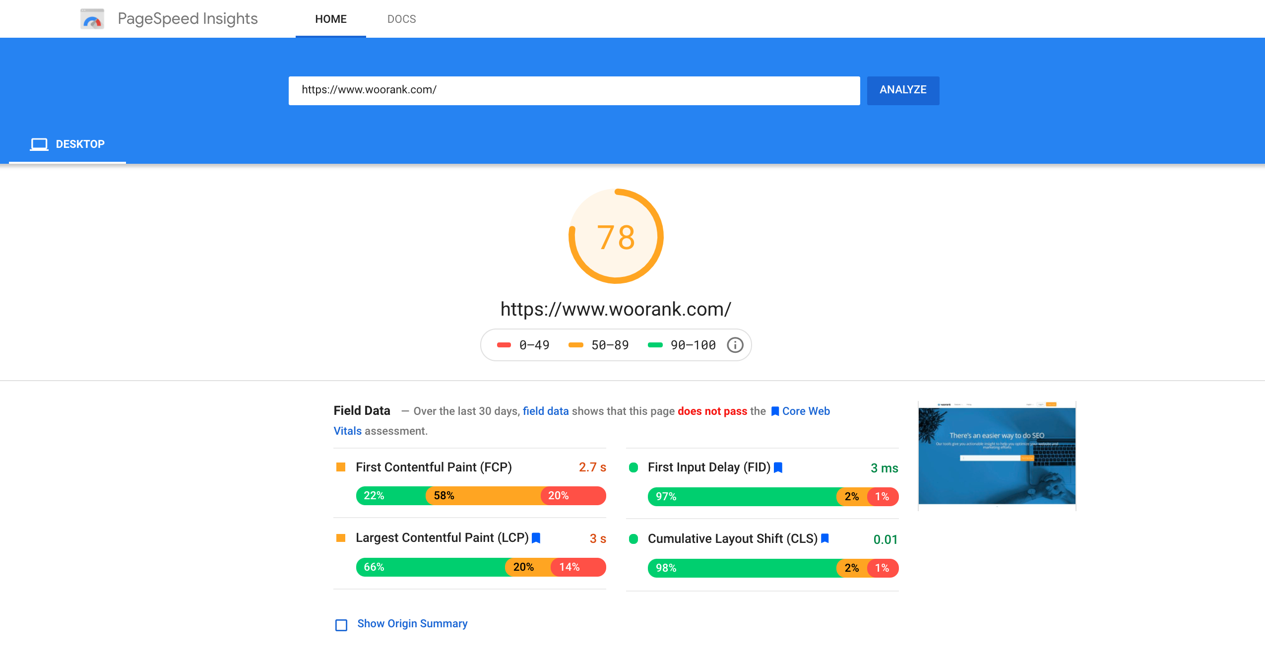 Estadí­sticas de velocidad de la página de Google para WooRank