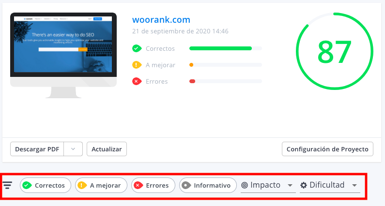 Filtros de resultados informes de WooRank