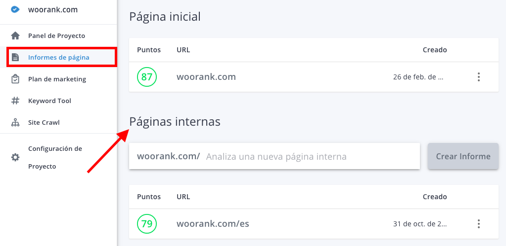 Informes de páginas internas de WooRank
