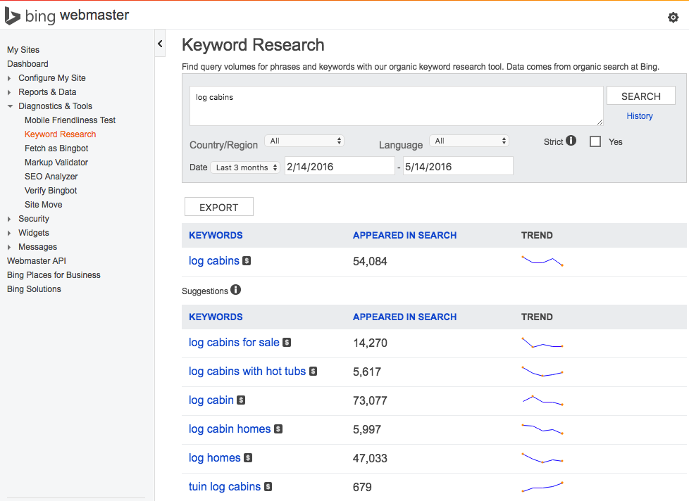 Investigación de palabras clave de Bing Webmaster Tools