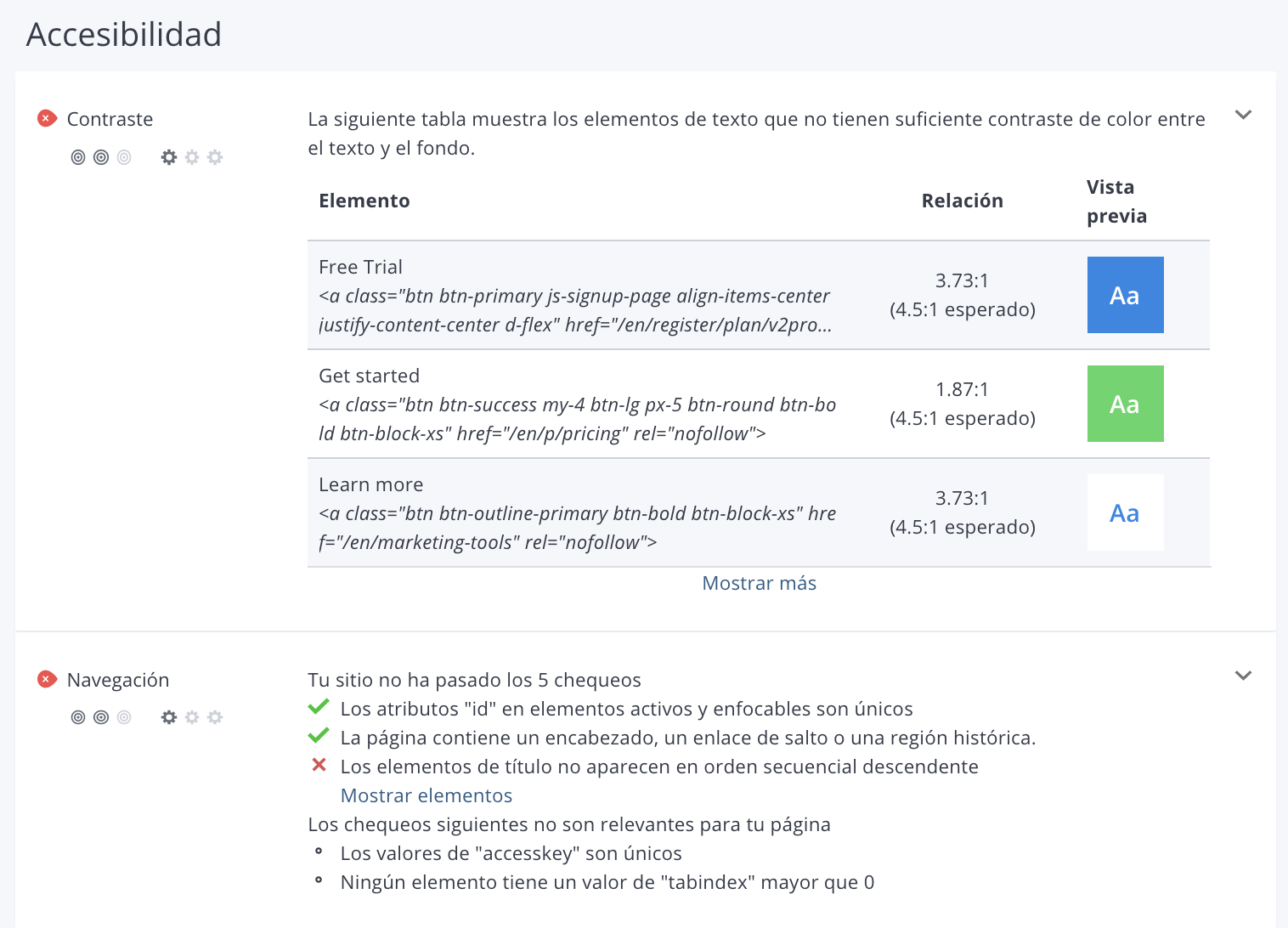 Sección de accesibilidad de WooRank en revisiones de sitios web