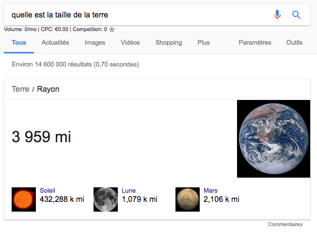 requête taille de la terre